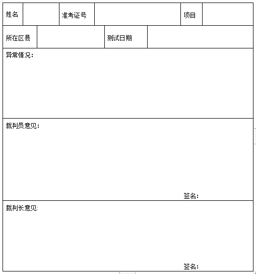 湖北省體育專業(yè)素質(zhì)測試 異常情況處理登記表